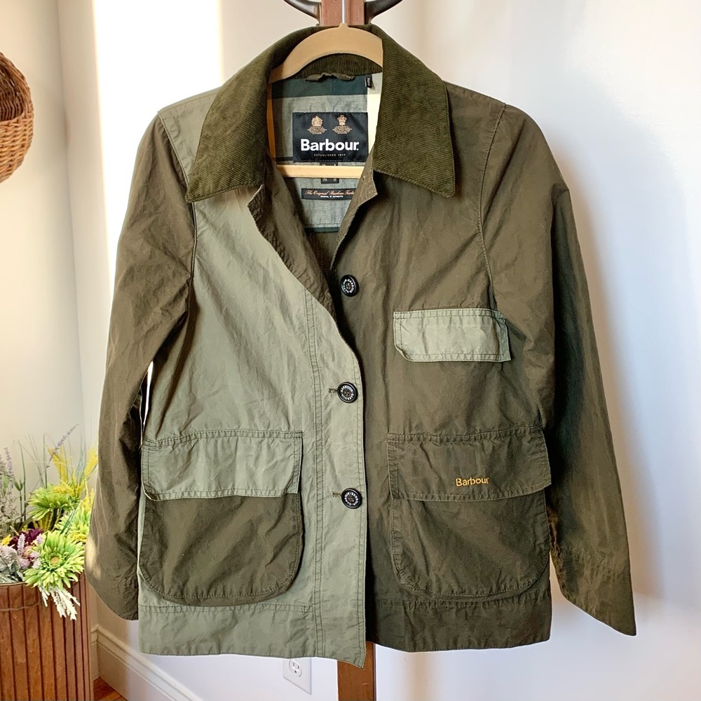 Barbour Garnock Showerproof Jacket with corduroy collar khaki green US 4 SM MED - Picture 5 of 16